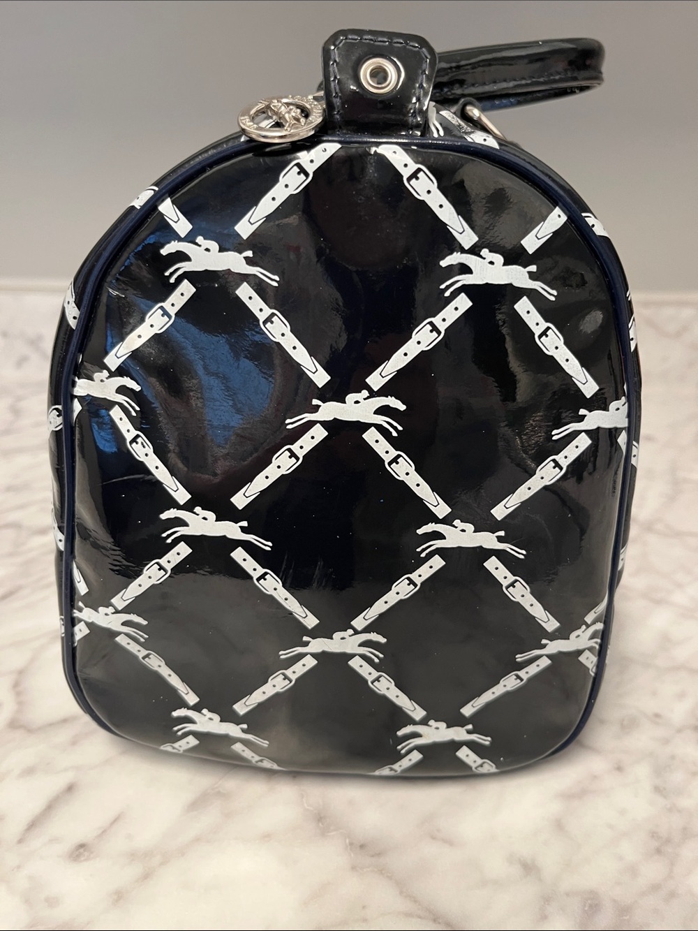 Longchamp Blue Patent Leather Satchel with White Chain-Link Pattern - Picture 5 of 9